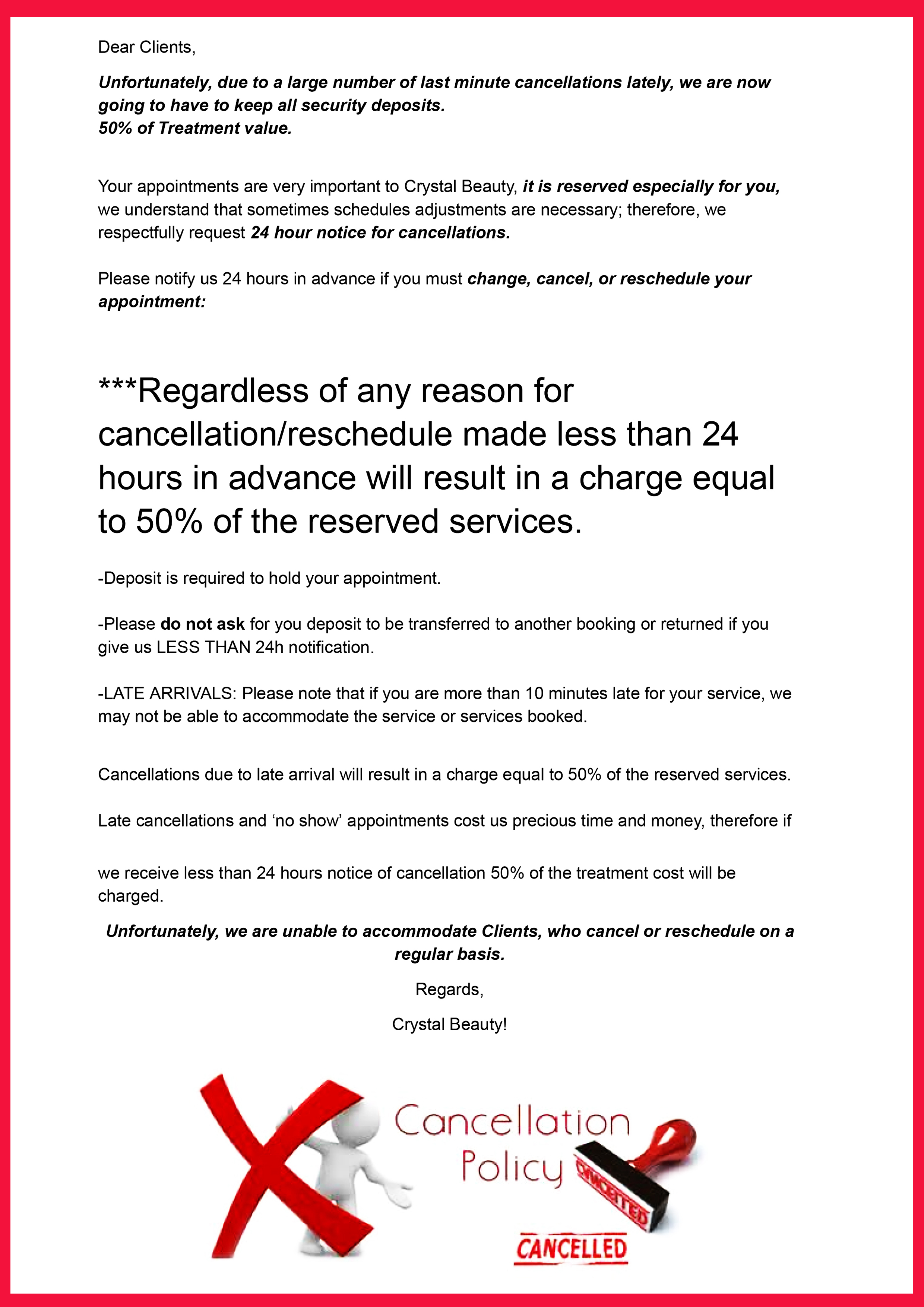 Cancelation Policy at Crystal Beauty Clondalkin